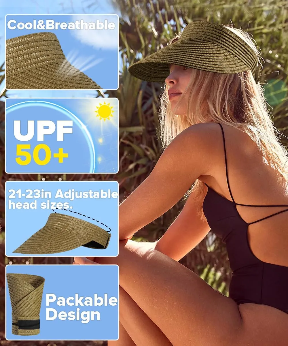Sun Visor Hats for Women,Beach Sun Hats UPF50  UV Protection Straw Sun Beach Visor Summer Hats Packable
