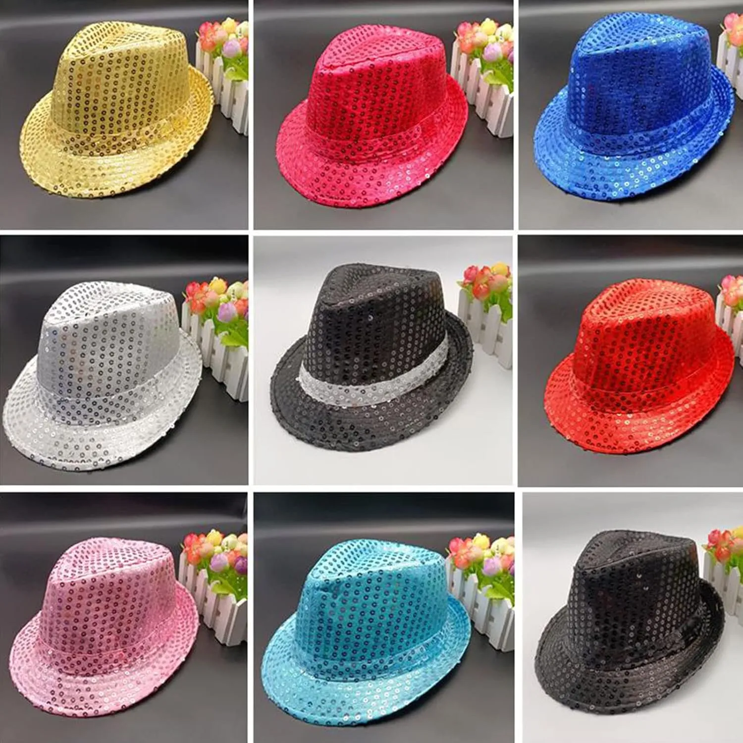 UAURORAO Women Men Sequin Mj Fedora Hat Glitter 1920s Gangster Hat Sparkly Western Jazz Disco Cap Unisex Party Costume