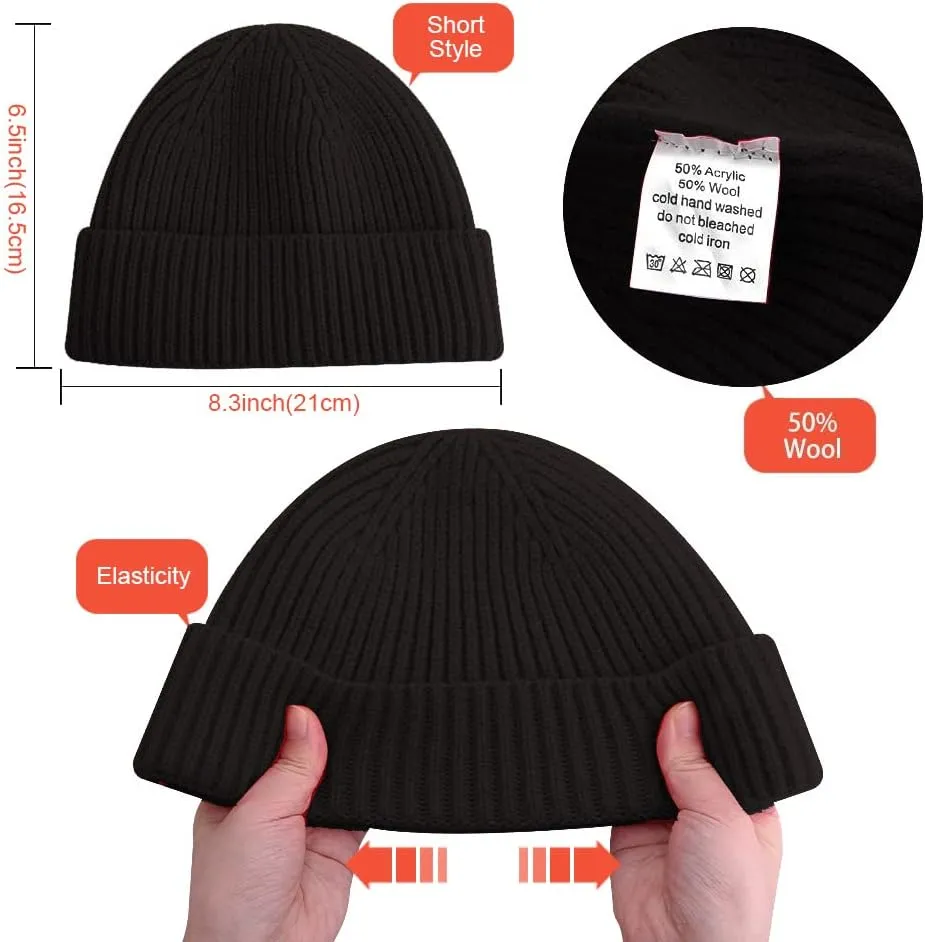 vidsel Short Fisherman Beanie for Men Women, Swag Wool Knit Cuff Trawler Skullcap,Winter Warm Hats