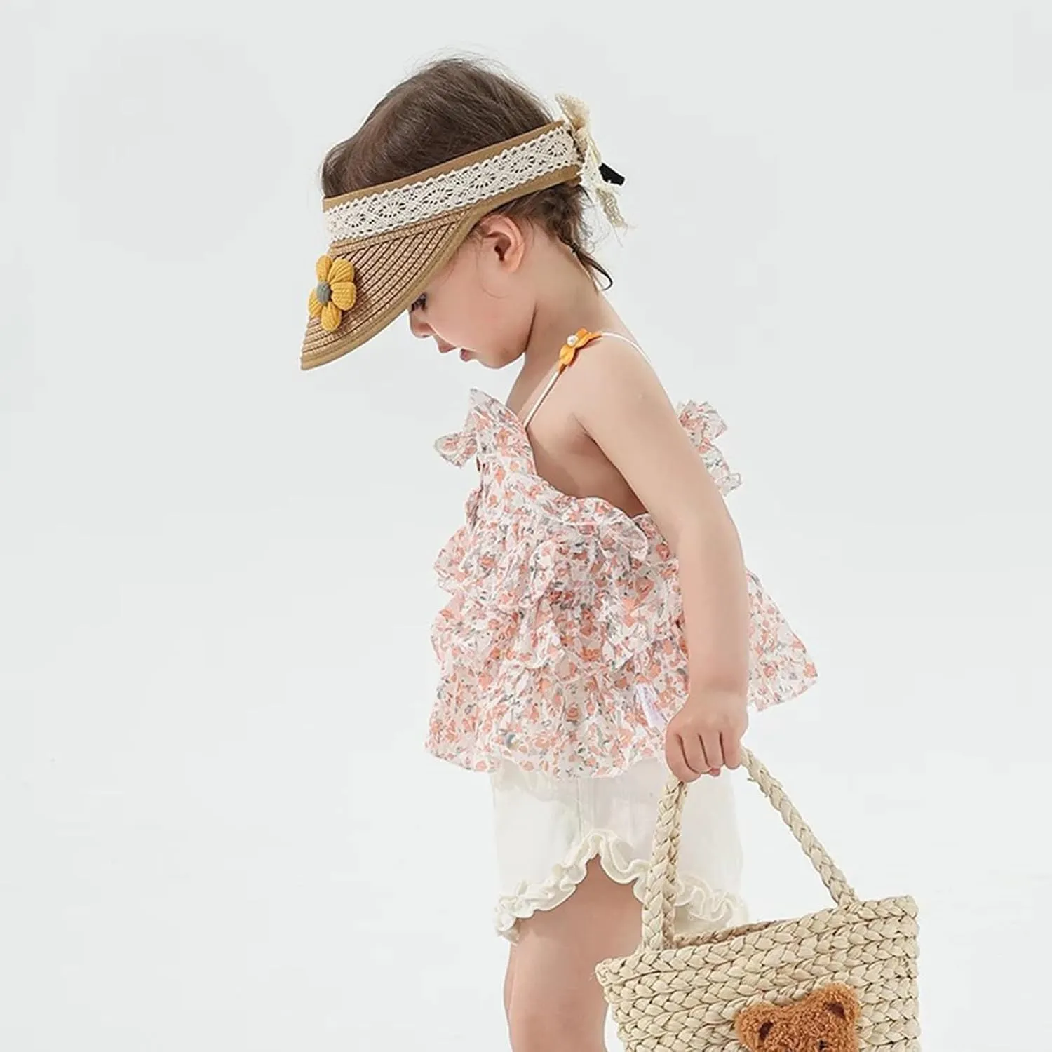 Winmany Toddler Girls Straw Hat Cute Lace Flower Kids Sun Hat Roll-up Summer Sun Visor Beach Caps for 1-3 Years