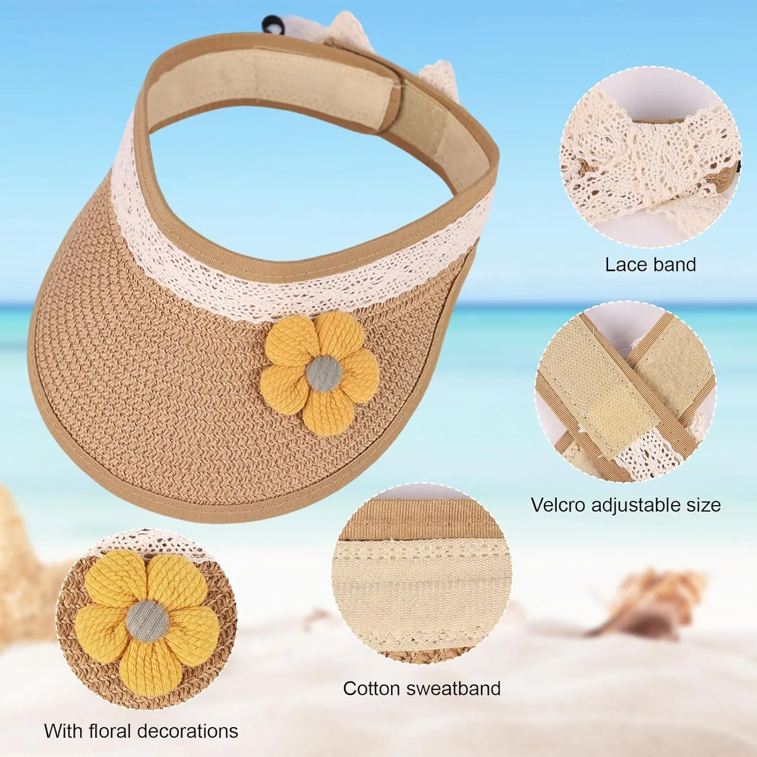 Winmany Toddler Girls Straw Hat Cute Lace Flower Kids Sun Hat Roll-up Summer Sun Visor Beach Caps for 1-3 Years