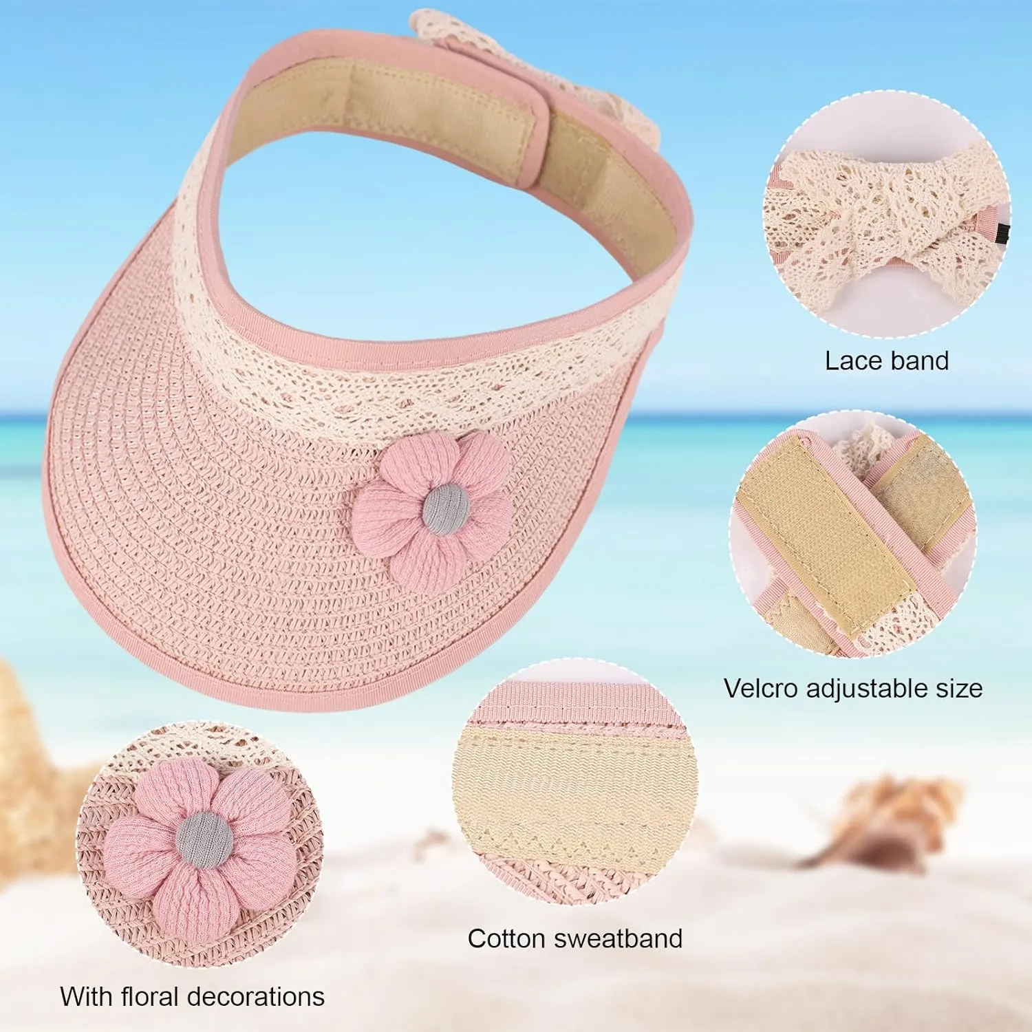 Winmany Toddler Girls Straw Hat Cute Lace Flower Kids Sun Hat Roll-up Summer Sun Visor Beach Caps for 1-3 Years