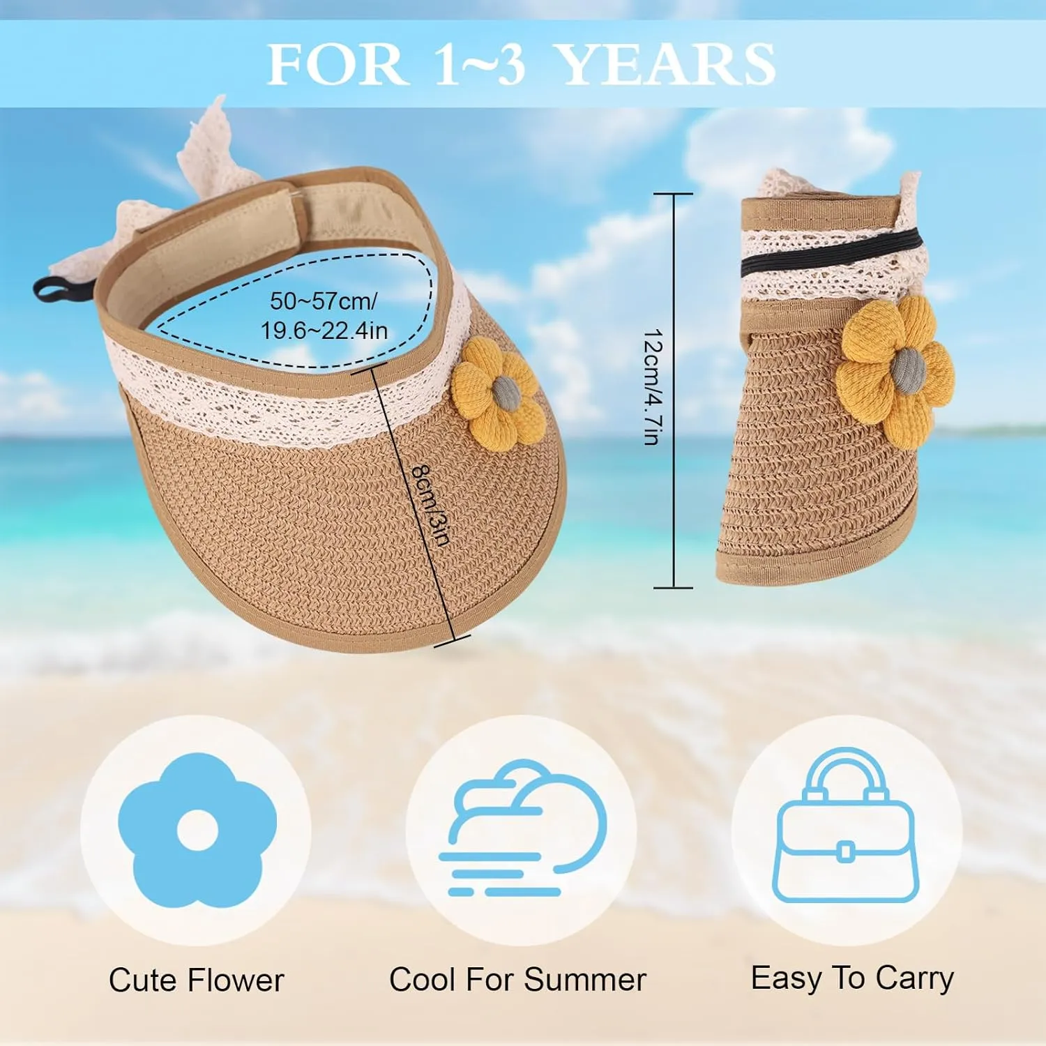 Winmany Toddler Girls Straw Hat Cute Lace Flower Kids Sun Hat Roll-up Summer Sun Visor Beach Caps for 1-3 Years