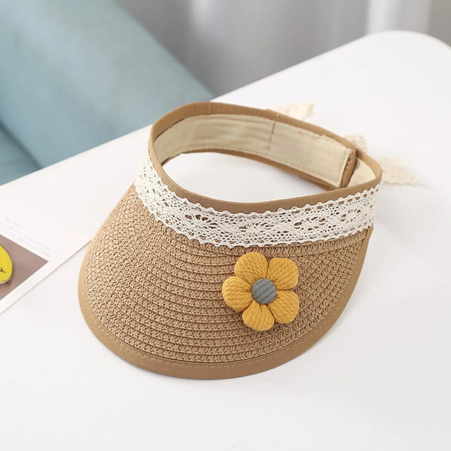 Winmany Toddler Girls Straw Hat Cute Lace Flower Kids Sun Hat Roll-up Summer Sun Visor Beach Caps for 1-3 Years