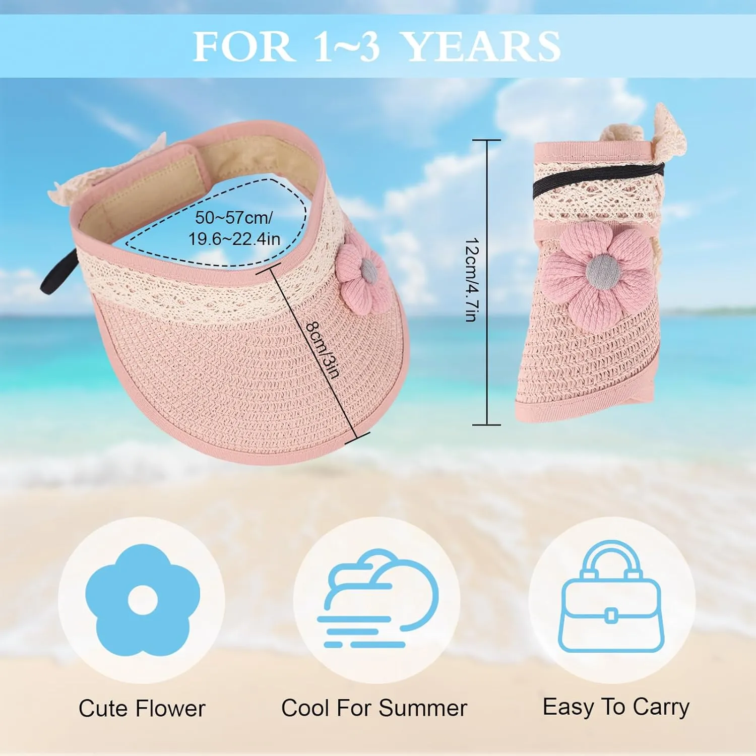 Winmany Toddler Girls Straw Hat Cute Lace Flower Kids Sun Hat Roll-up Summer Sun Visor Beach Caps for 1-3 Years