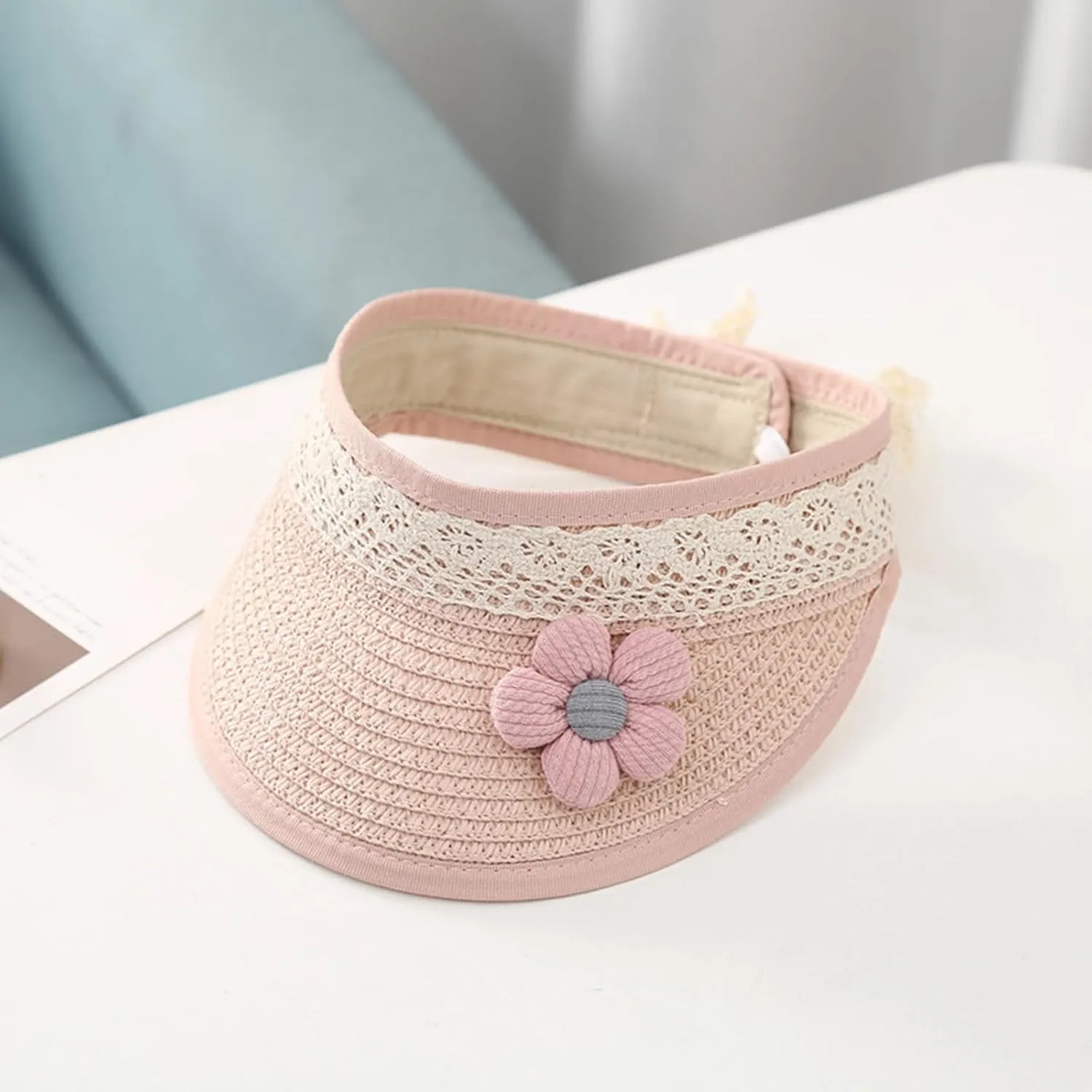 Winmany Toddler Girls Straw Hat Cute Lace Flower Kids Sun Hat Roll-up Summer Sun Visor Beach Caps for 1-3 Years