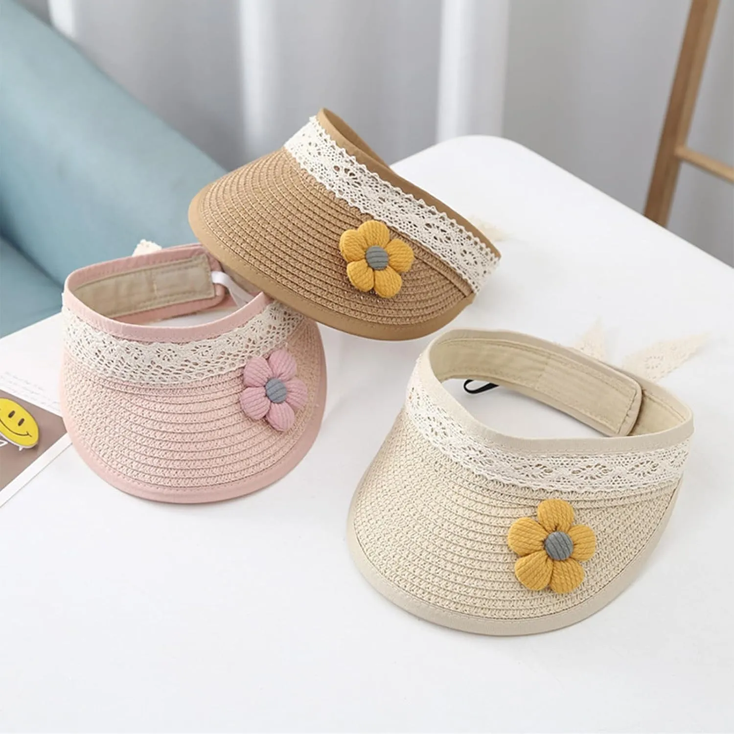 Winmany Toddler Girls Straw Hat Cute Lace Flower Kids Sun Hat Roll-up Summer Sun Visor Beach Caps for 1-3 Years