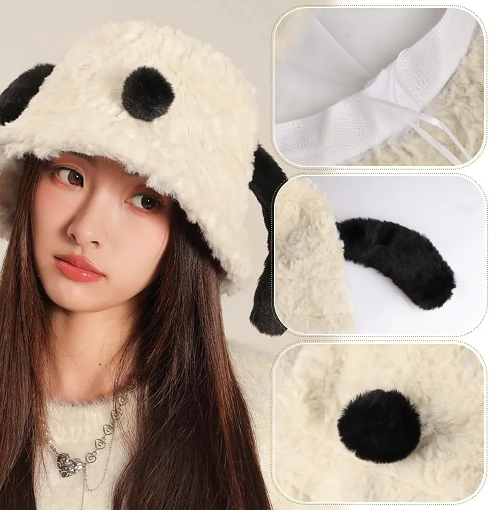 Women Faux Fur Bucket Hat Furry Fisherman Cap Winter Warm Dog Ear Hat Outdoor Thick Windproof Fuzzy Cap