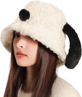 Women Faux Fur Bucket Hat Furry Fisherman Cap Winter Warm Dog Ear Hat Outdoor Thick Windproof Fuzzy Cap