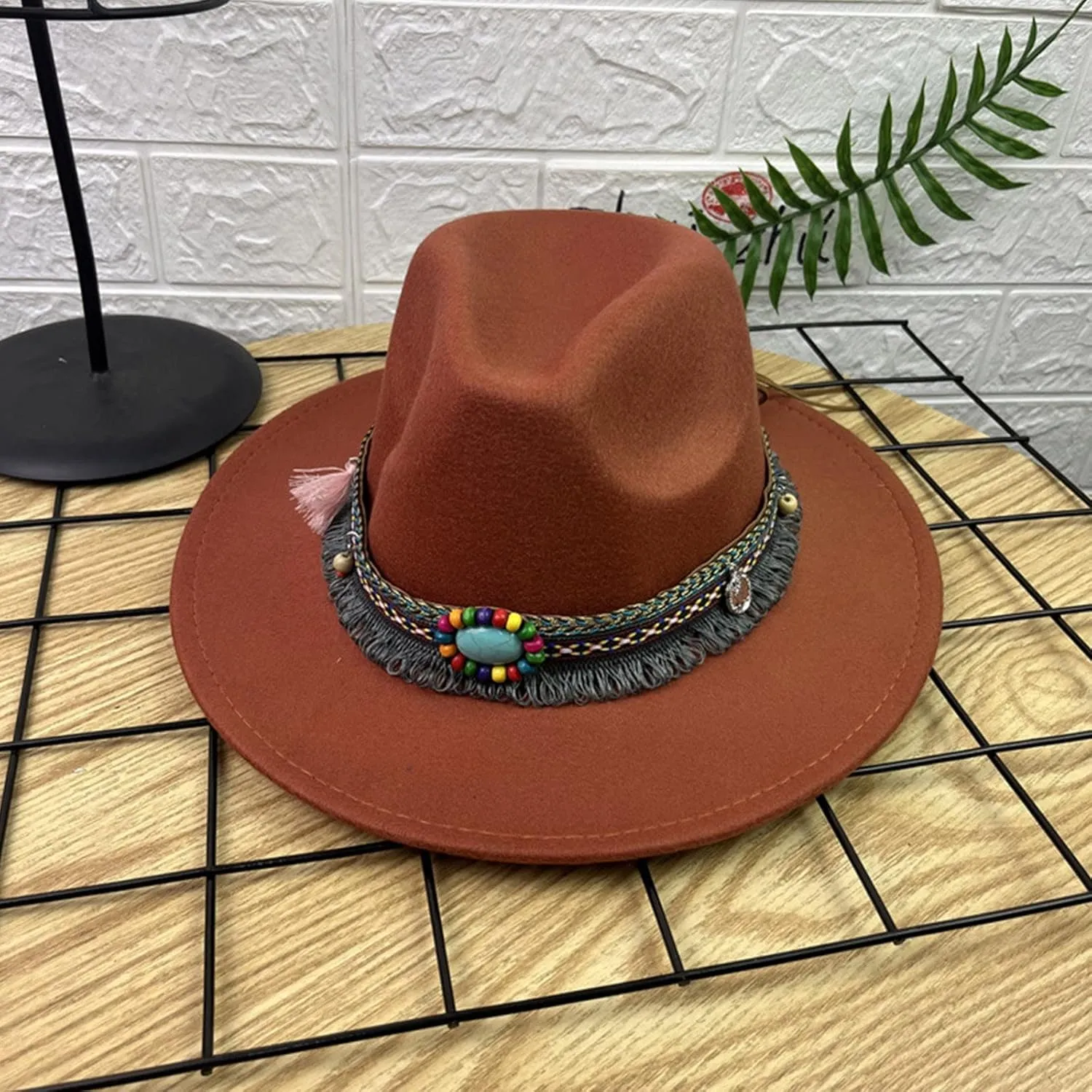 Women Men Vintage Wide Brim Warm Wool Fedora Hat Belt Panama Hat Solid Fall Winter Jazz Hat