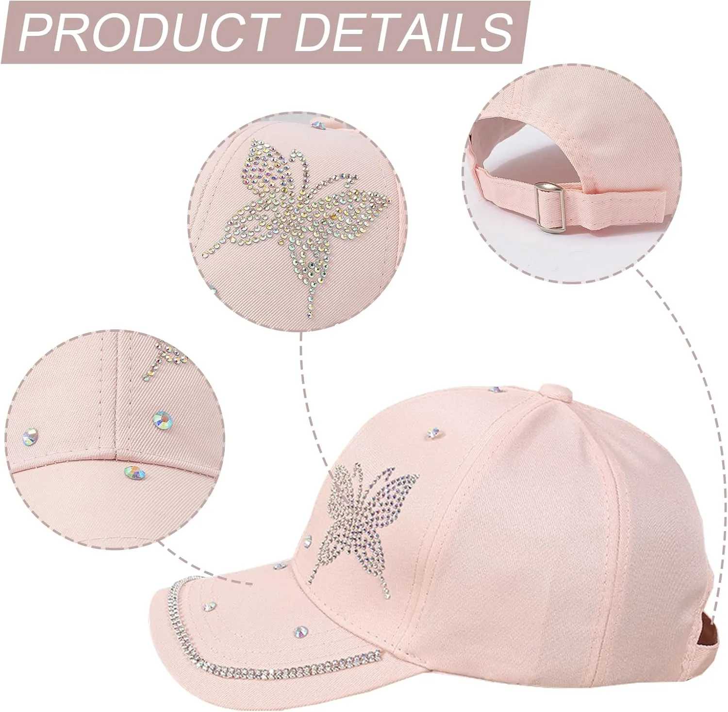 Women's Bling Rhinestone Butterfly Baseball Cap Adjustable Hip Hop Hat Outdoor Casual Trendy Sun hat