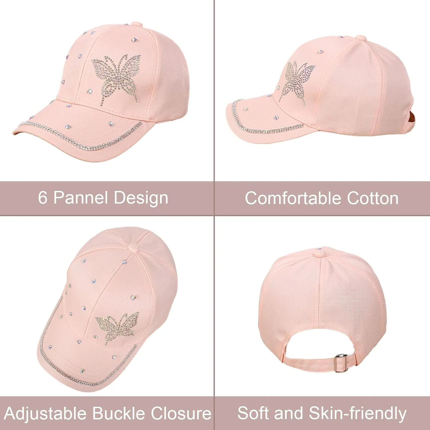 Women's Bling Rhinestone Butterfly Baseball Cap Adjustable Hip Hop Hat Outdoor Casual Trendy Sun hat